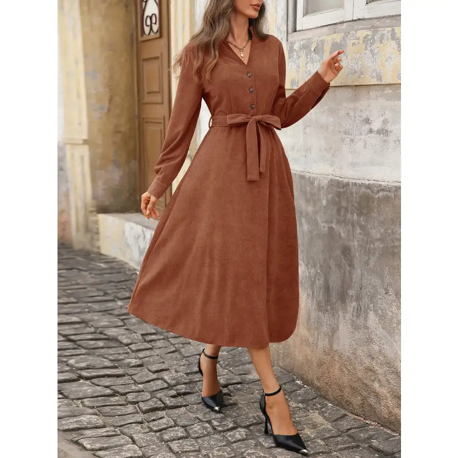 Long Sleeve Button Front Belted Midi Dress