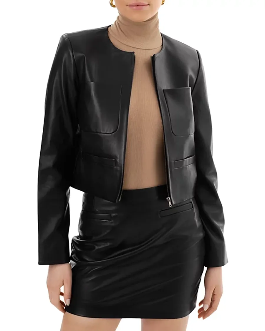Long Sleeves Round Neck Leather Jacket