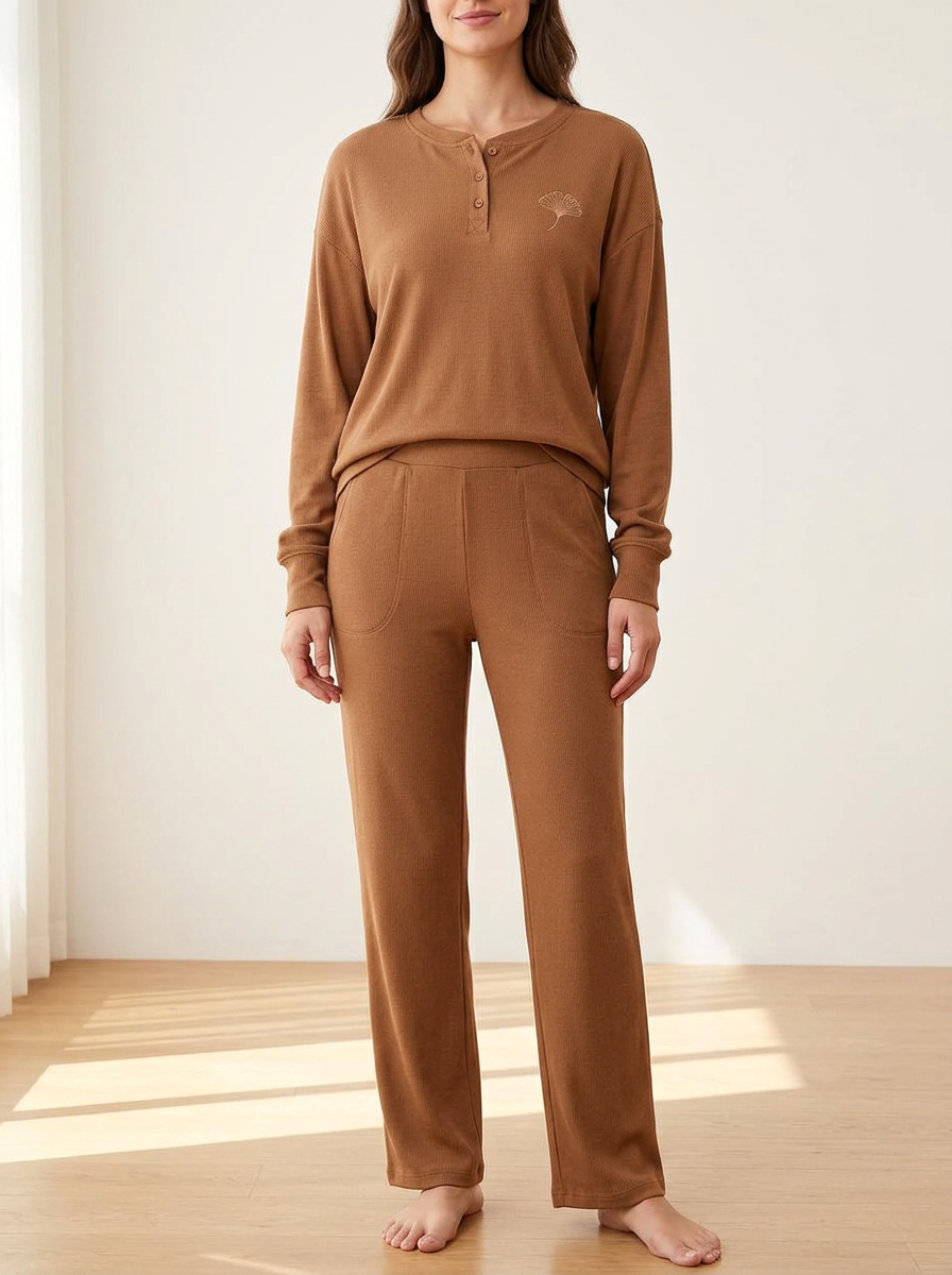 Women's Ginkgo-Embroidered Ribbed Henley Straight-Leg Lounge Set