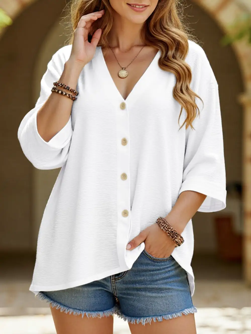 V-Neck Button Tee Cardigan Top