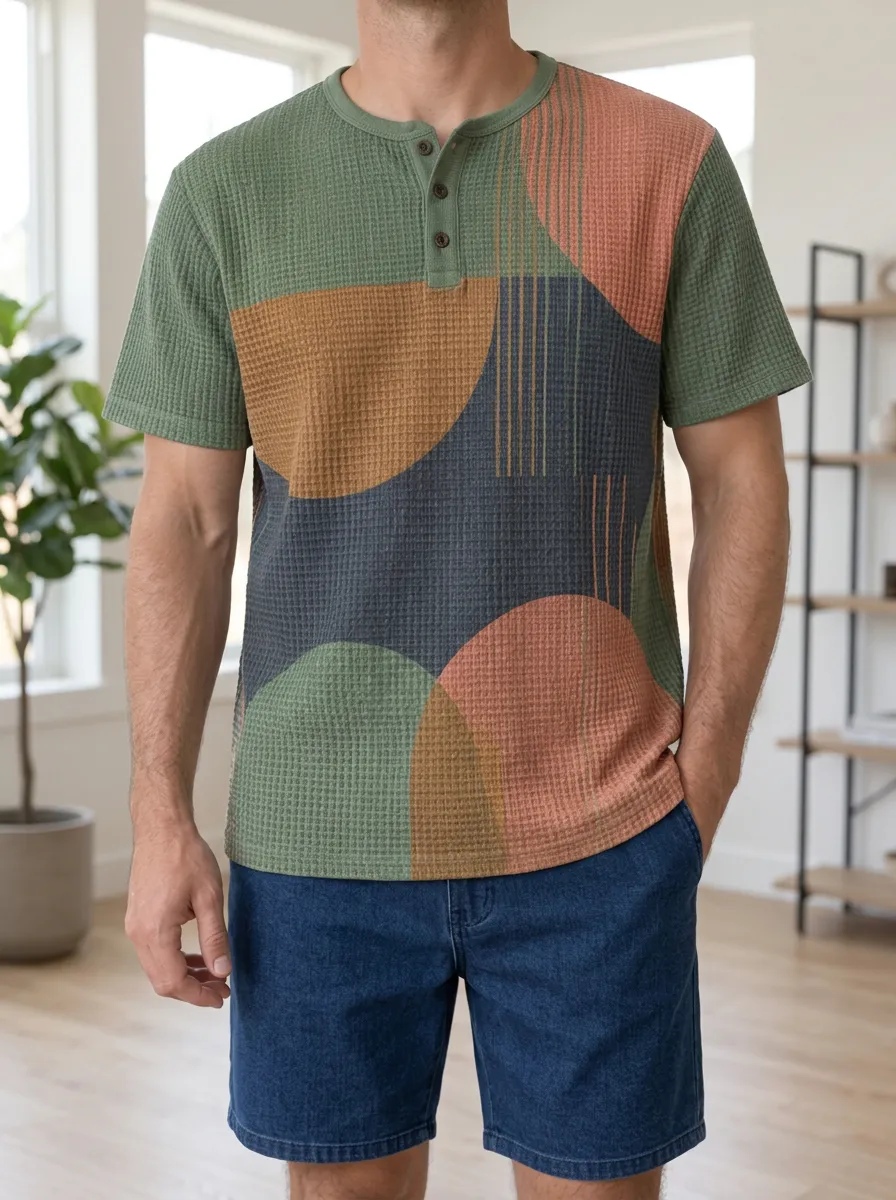 Men's Abstract Geometric Waffle Knit Printed Henley T-shirt