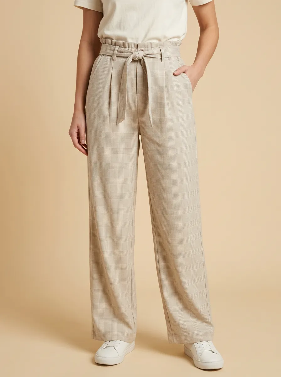 Women's Casual Plaid High-Waisted Tie-Front Print Trousers