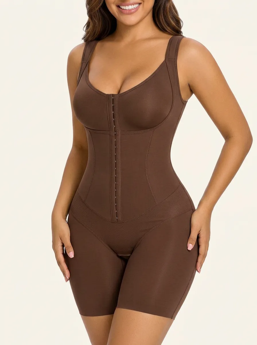 Women's Tummy Control Brown Hook-Eye Bodysuit Shapewear