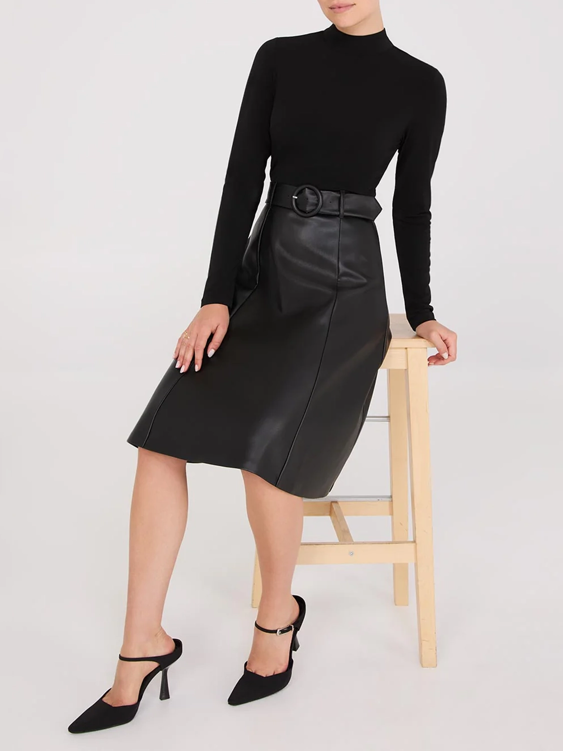Mock Neck Faux Leather Midi Dress