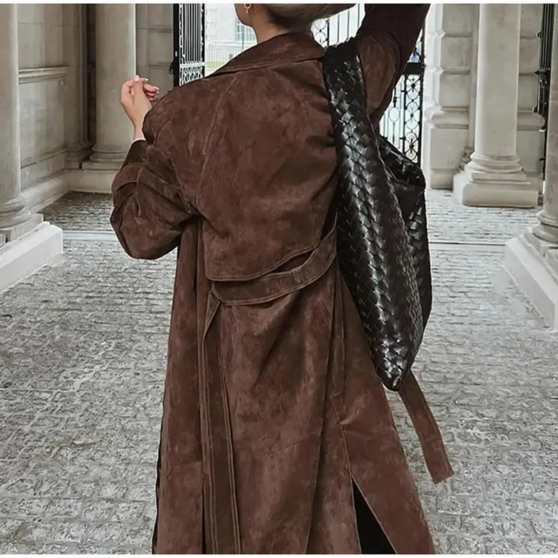 Women's Autumn And Winter Faux Suede Long Trench Coat Notched Lapel Double-Breasted Long Coat With Belt Casual Longline Outerwear Womenswear Jackets