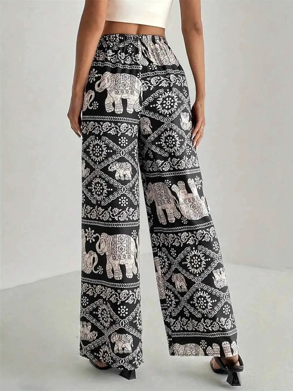 Boho Printed Wide Leg Elastic Waist Pants