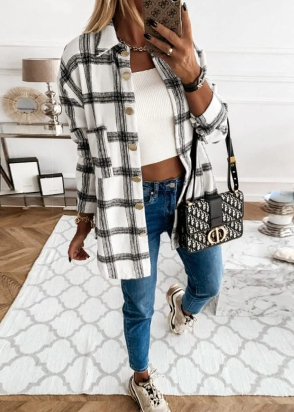 Women's 2023 Fall Clothes Plaid Shacket Jacket Long Sleeve Button Down Flannel Shirts Fashion Blouse
