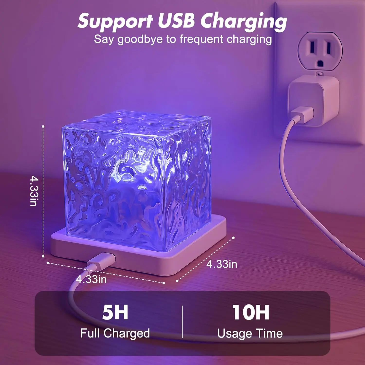 Cube dimensions and USB charging reference