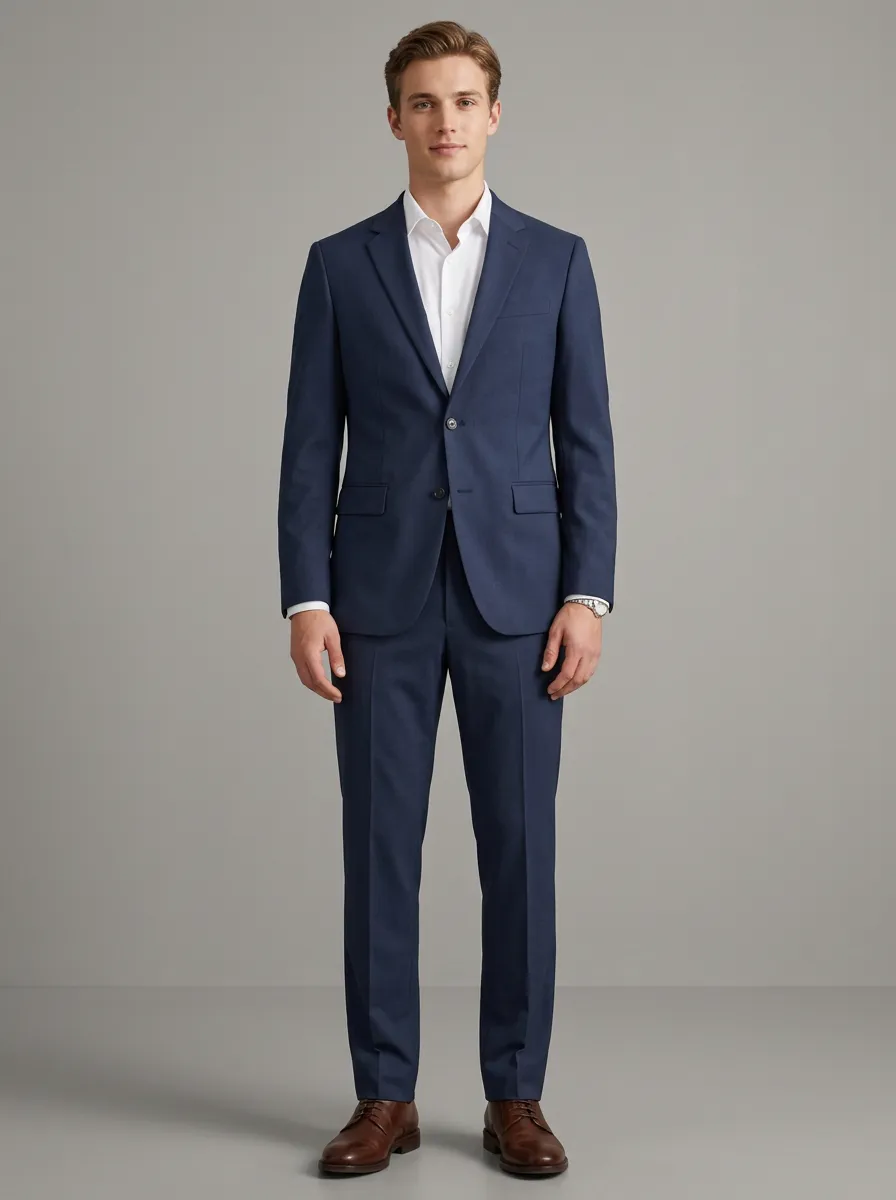 Men's Two Button Business Formal Navy Blue Solid Two-Piece Suit