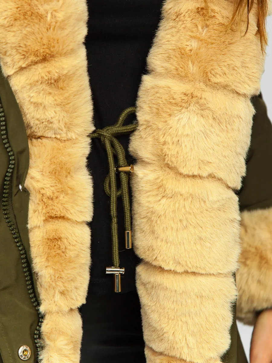 Khaki women's winter parka jacket with hood