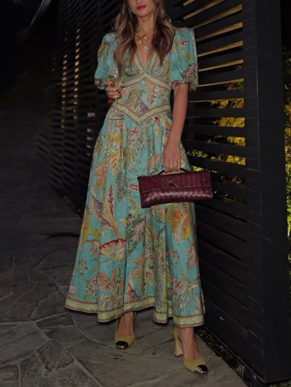 Satin Vintage Floral Print Puff Sleeve Midi Dress