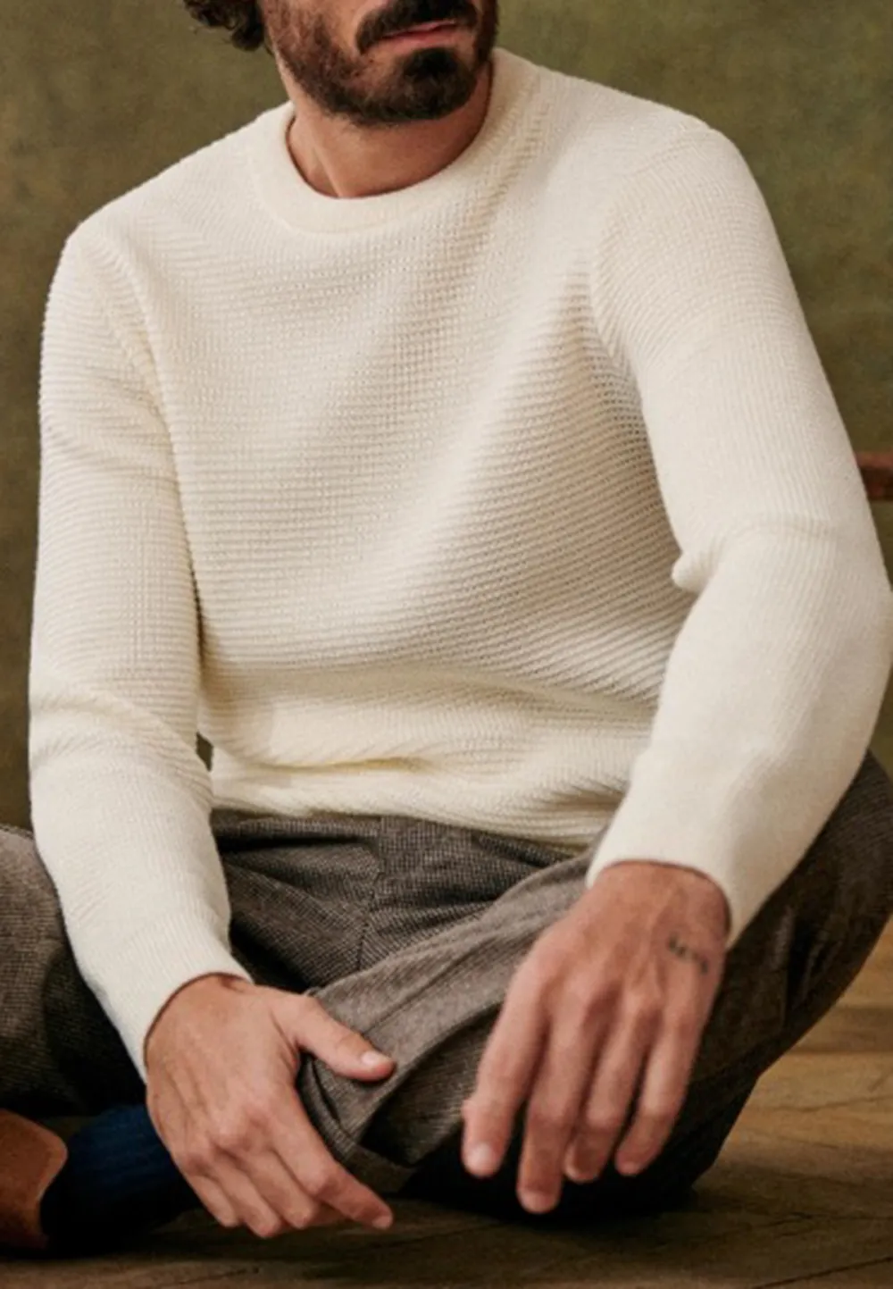 Cream Waffle Knit Crew Neck Long Sleeve Sweater