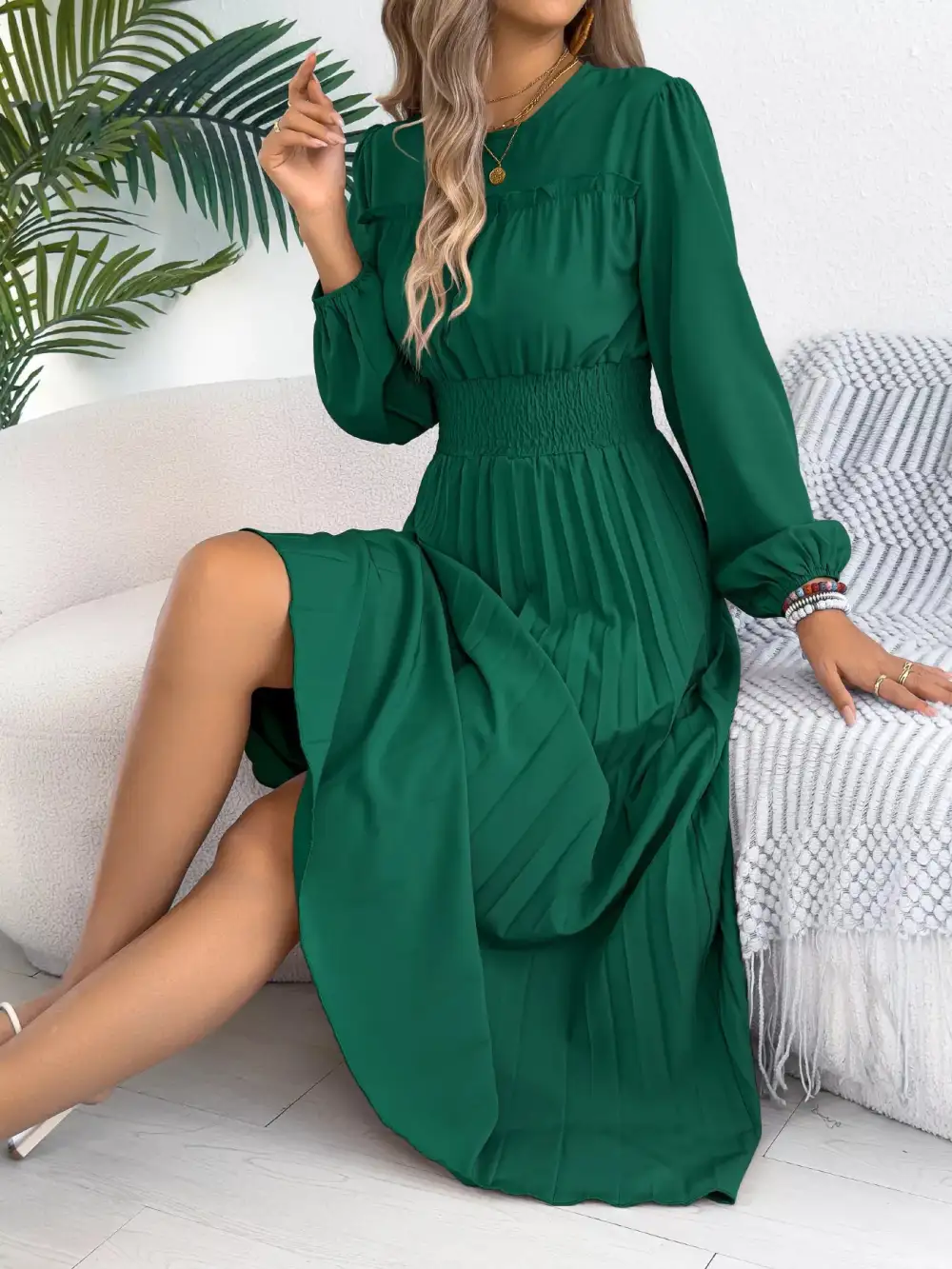 Pleated Smocked Long Sleeve Midi Dress