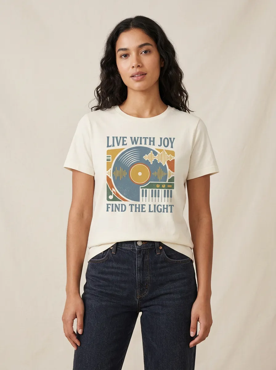 Women's Music Retro Vinyl Record Keyboard Print T-Shirt