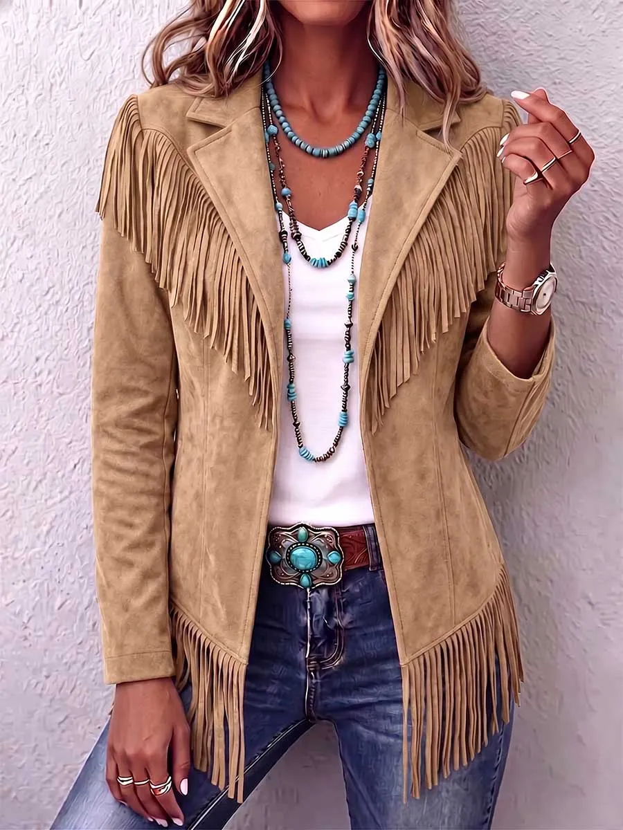 Refined Women S Solid Color Lapel Long-sleeved Casual Loose Tassel Jacket
