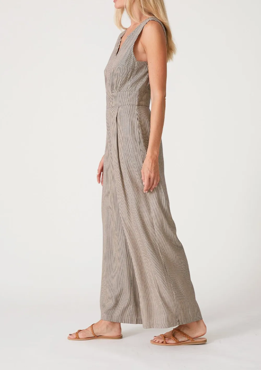 Striped Notched Wide Leg Jumpsuit