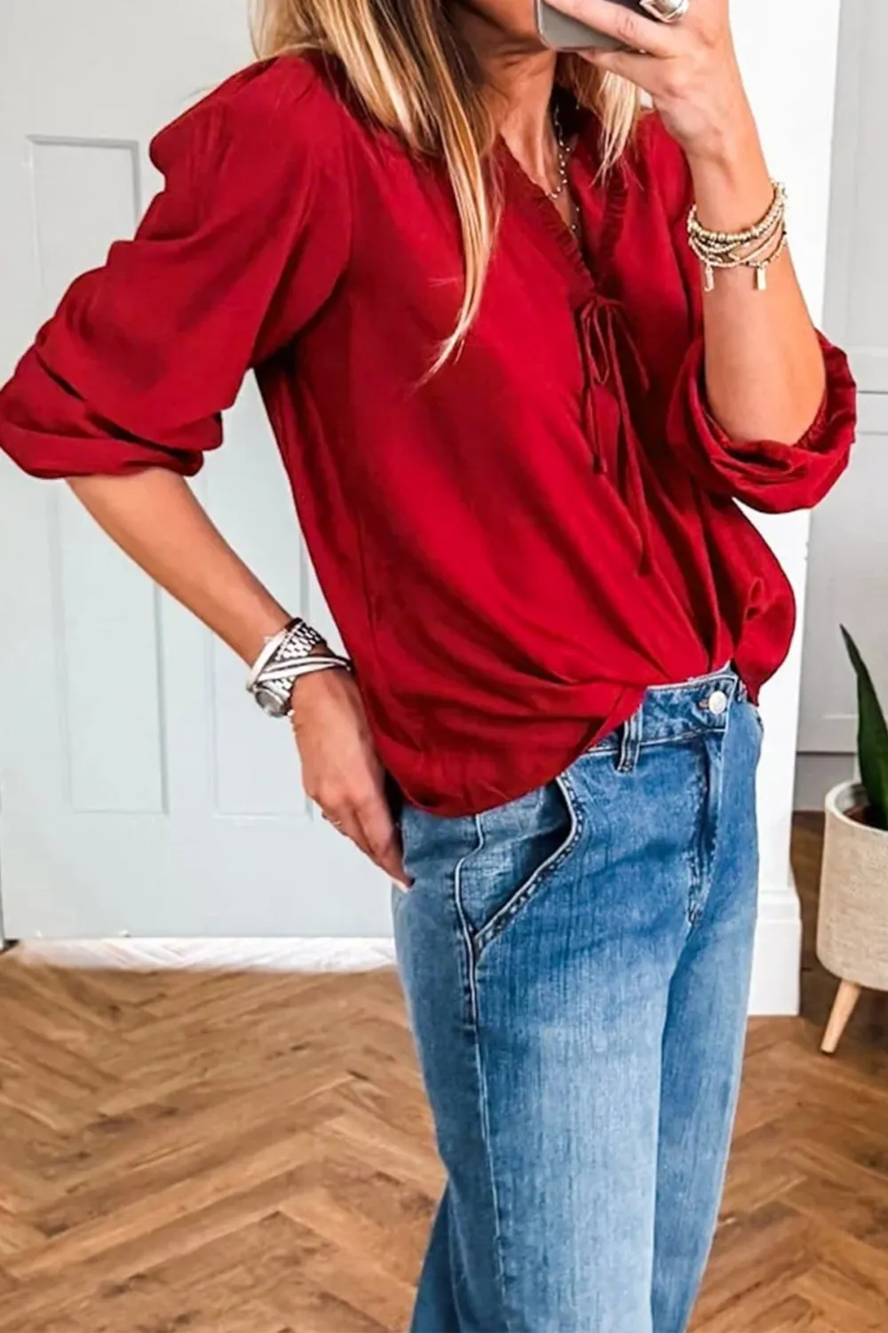Frilled Bow Detail V-Neck Blouse