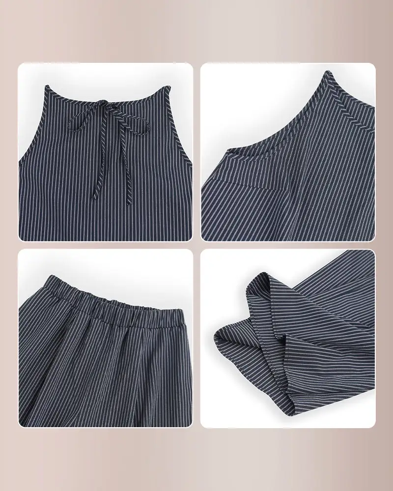 Minimalist Striped Drawstring Halter Top and Wide Leg Pants Set