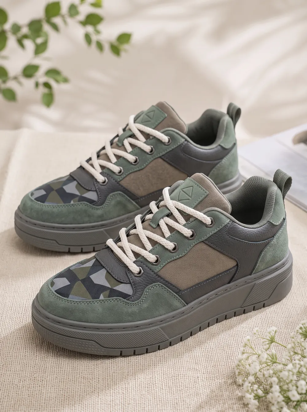 Men's Geometric Camo Pattern Suede Printed Sneakers