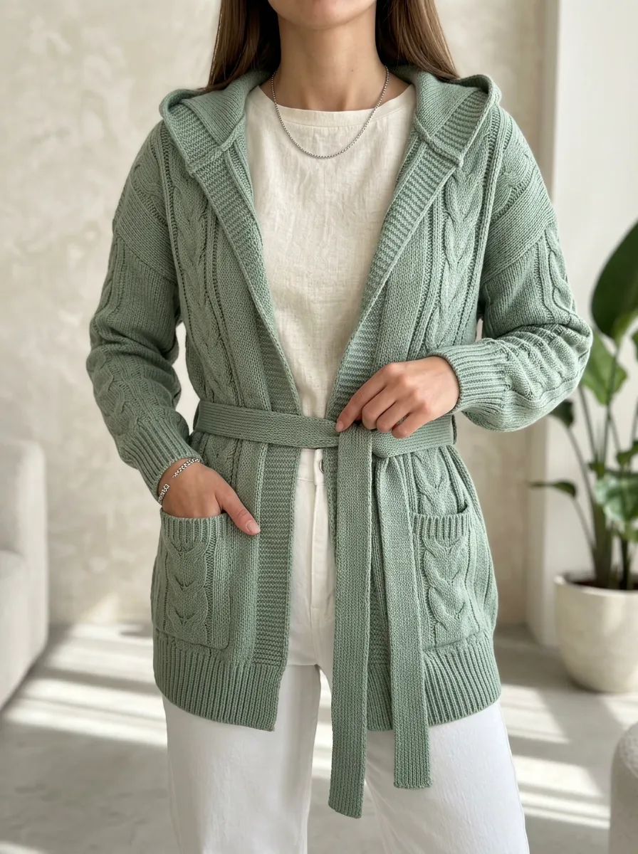 Belted Women's Hooded Knit Cardigan