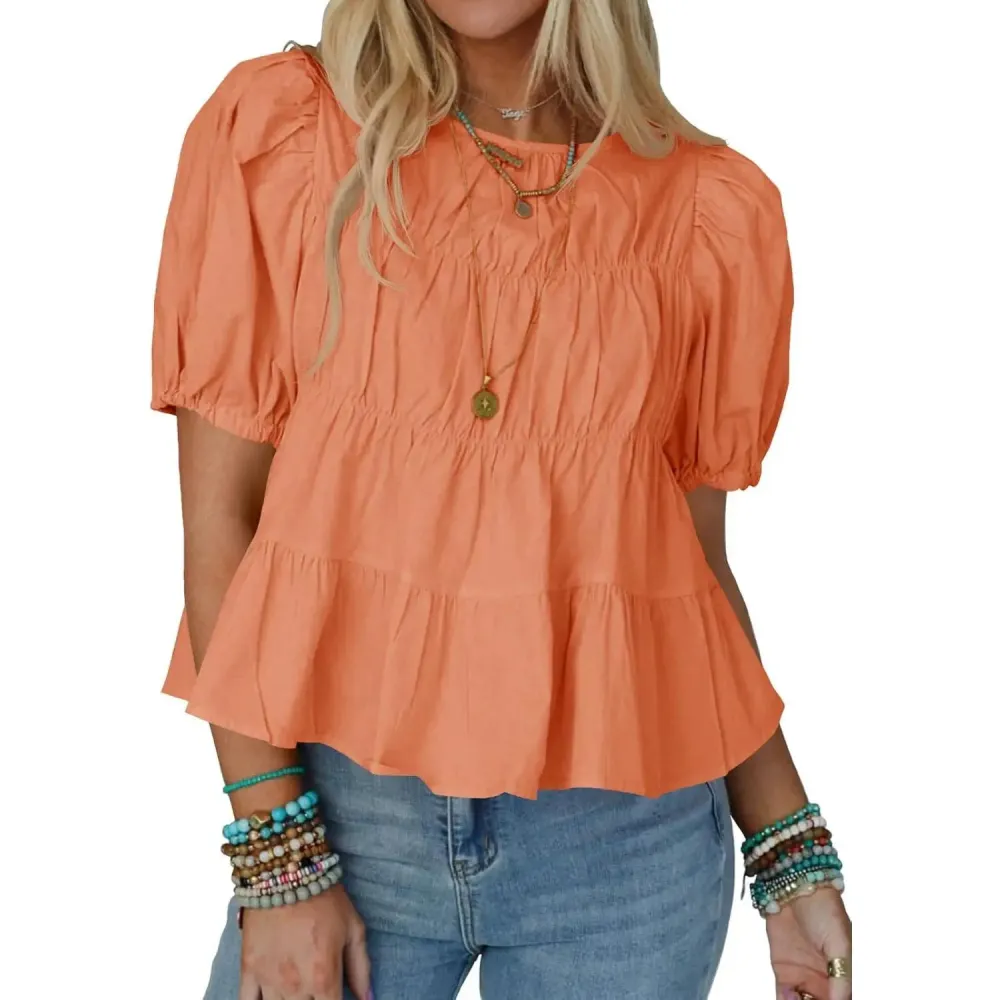 Womens Puff Sleeve Peplum Babydoll Tops