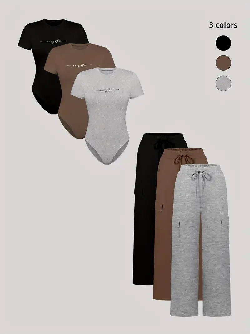 (3-SETS)Women'S Casual  Print Short Sleeve Round Neck TightJumpsuit And Waist Tie Wide Leg Pants With Pockets Set