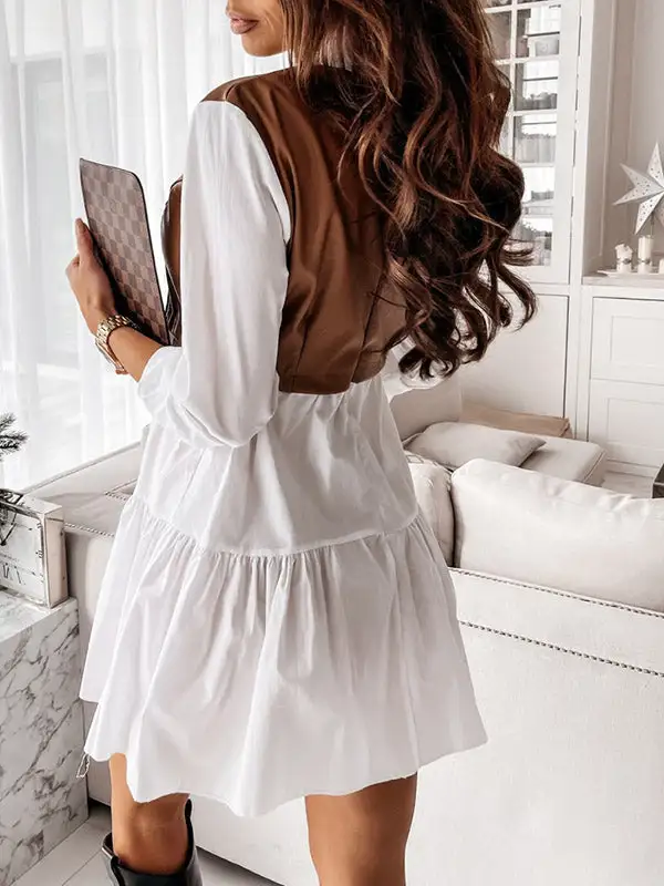 Long Sleeve Relaxed Contrast Color Pleated Split Joint Lapel Mini Dress