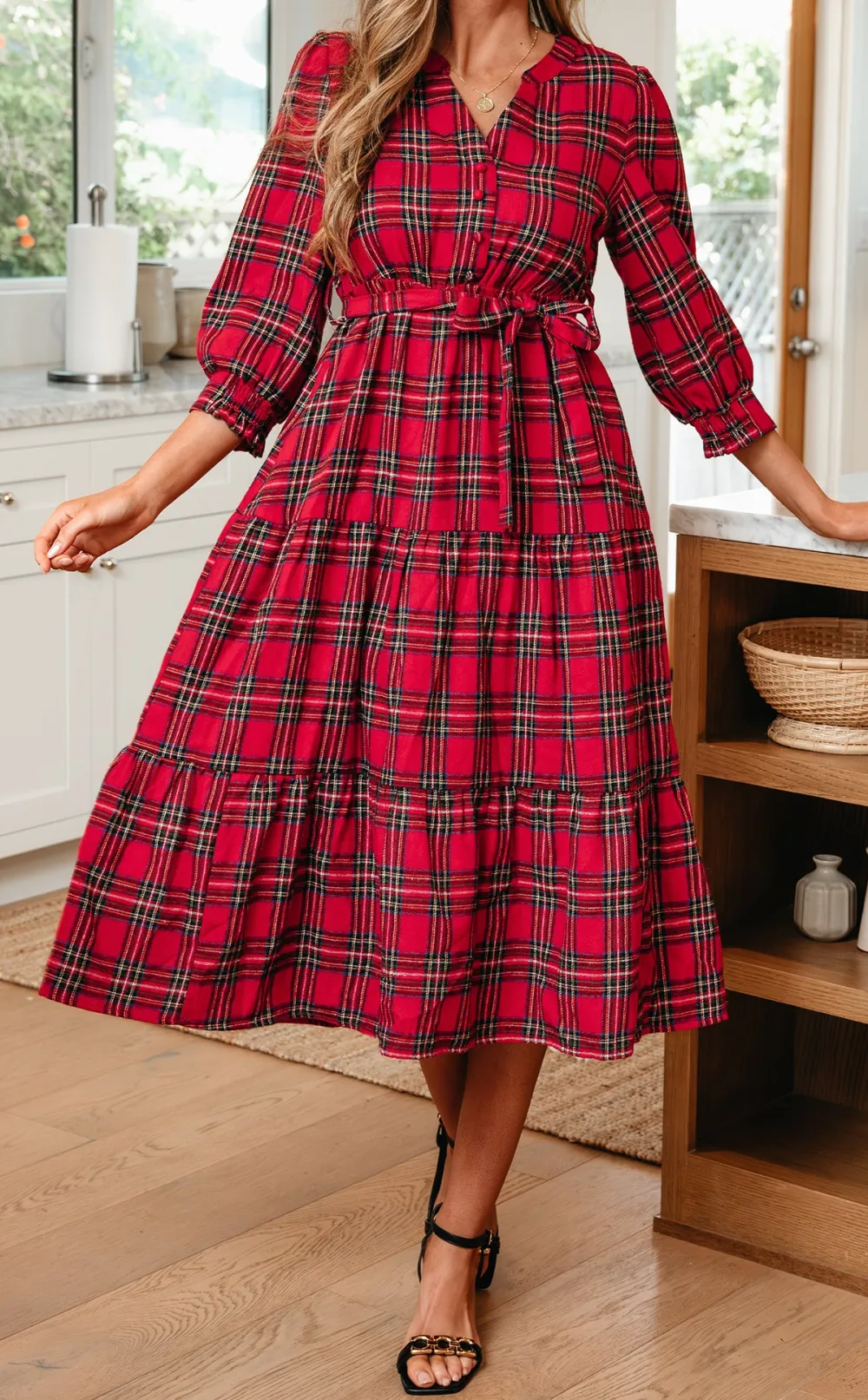 Christmas V Neck Sleeve Tie Waist Ruffle Hem Long Dress