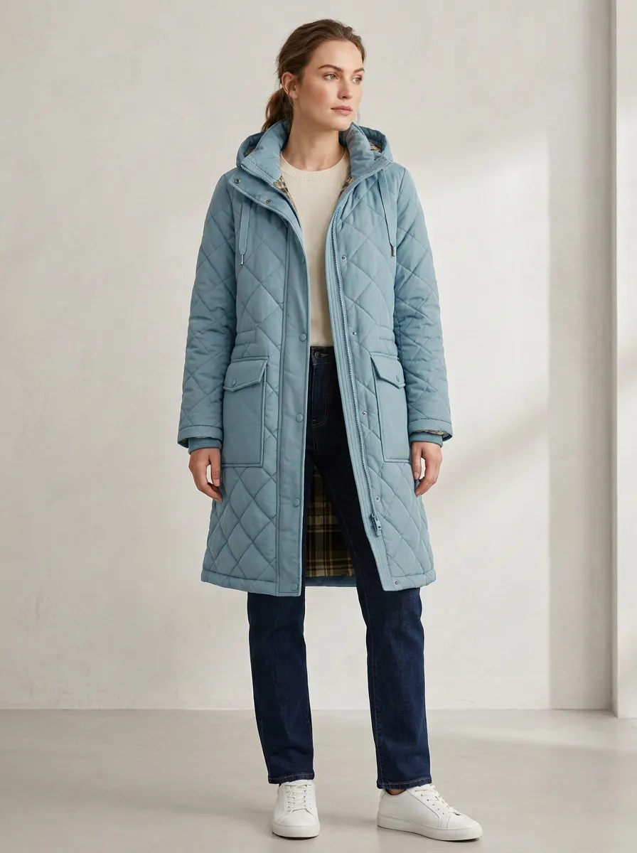 Urban Plaid-Lined Quilted Long Hooded Coat