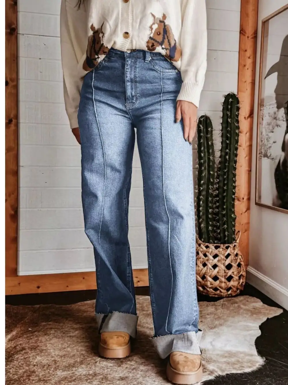 Pocketed High Waist Wide Leg Denim Jeans