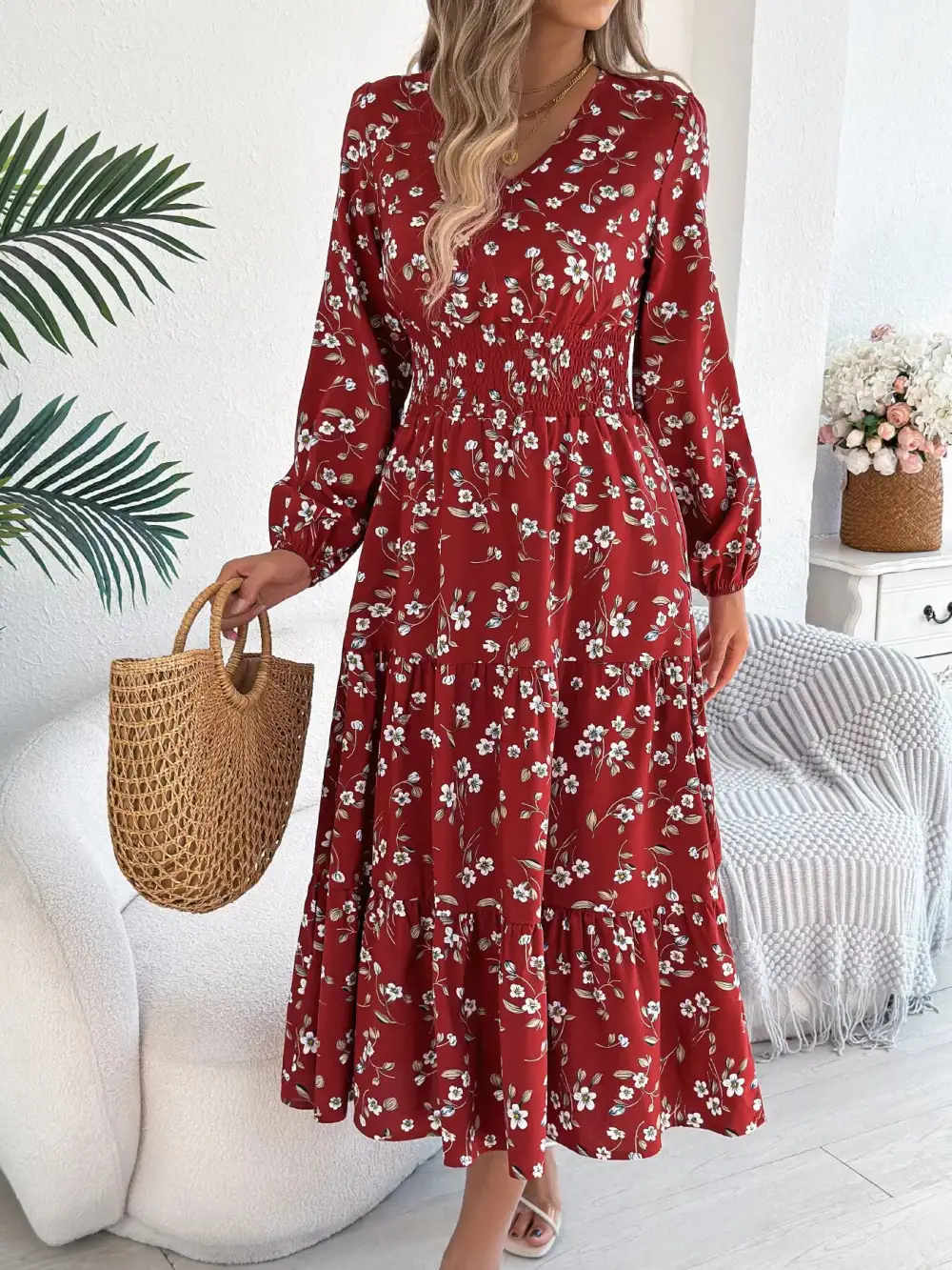 Structured Shape Floral Printed V Neck Midi Dress