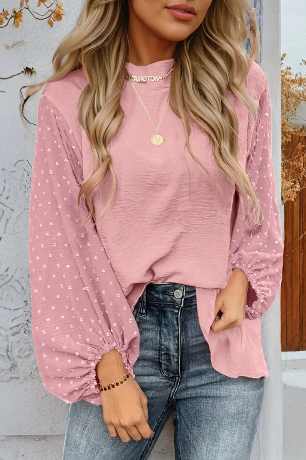 Refined Swiss Dot Balloon Sleeve Loose Blouse