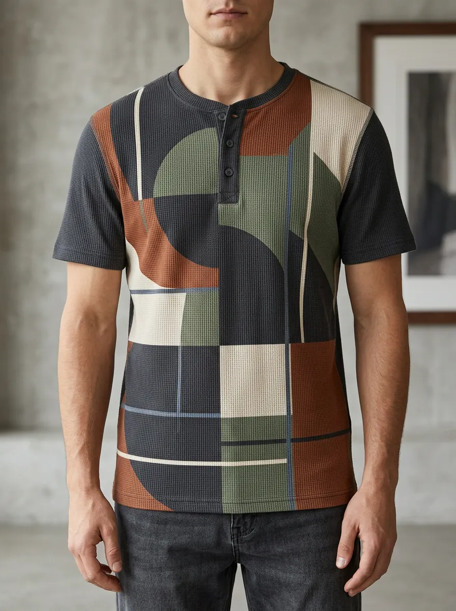 Men's Relaxed Geometric Abstract Waffle Henley T-Shirt