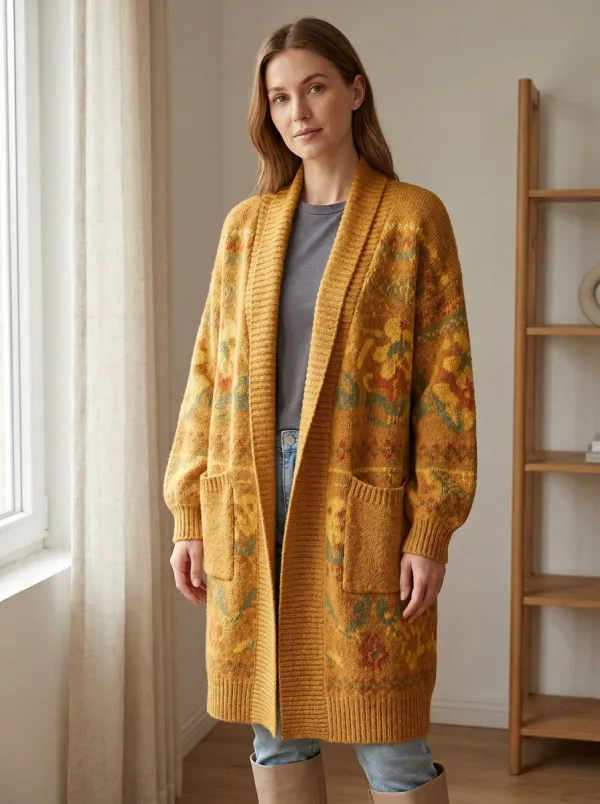 Women's Vintage Floral Pattern Jacquard Knit Long Cardigan