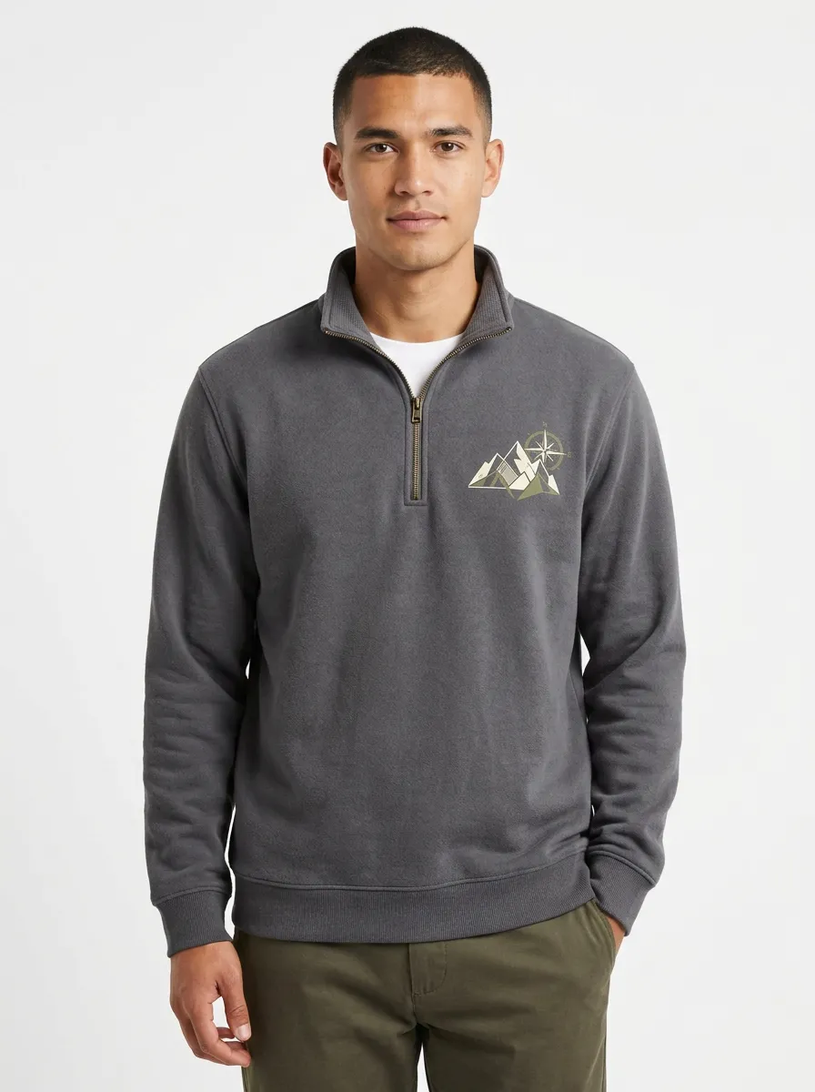 Men's Hiking Mountain Compass Graphic Quarter-Zip-Neck Sweatshirt