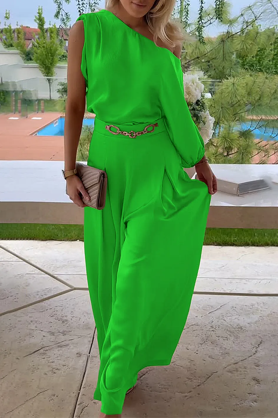 Women'S Casual One Shoulder Top & Wide Leg Pants Set