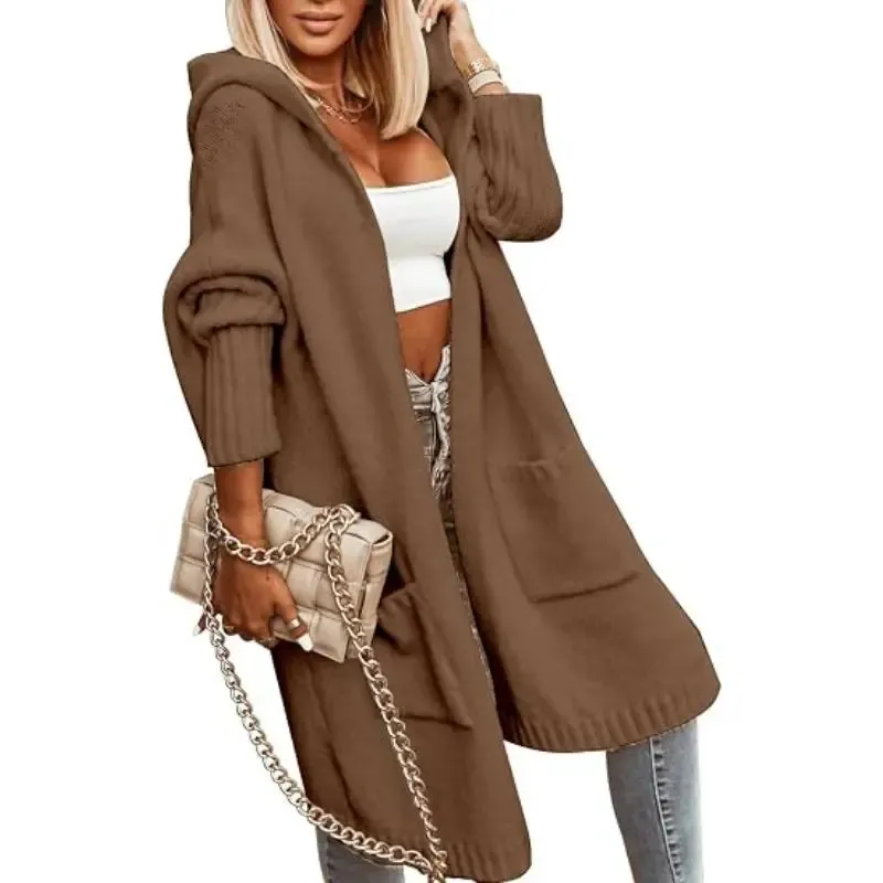 Women's Long Cardigans Cable Knitted Open Front Oversized Hooded Outerwear Sweater Coat