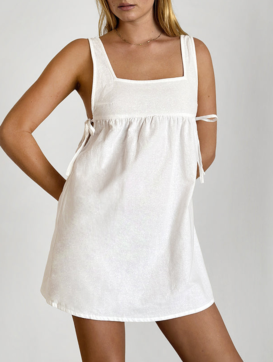 Tie Side Mini Dress In Linen White