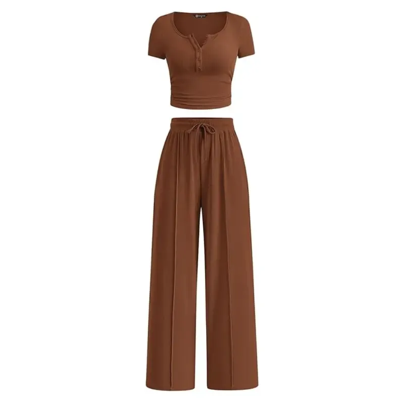 Women's two-piece summer ribbed knit button short-sleeve crop top and wide-leg pants
