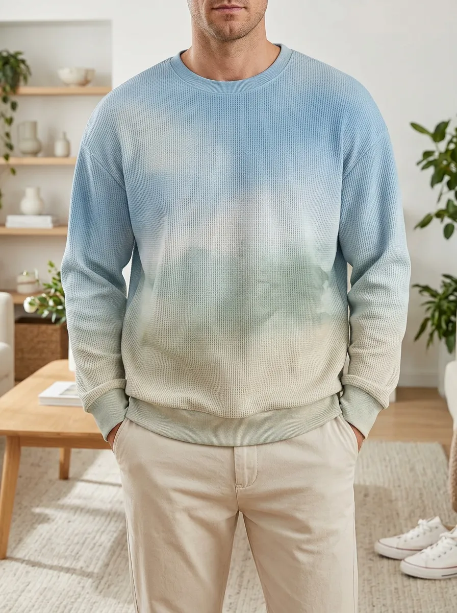 Men's Blue Gradient Landscape Printed Waffle Knit Crewneck Sweatshirt
