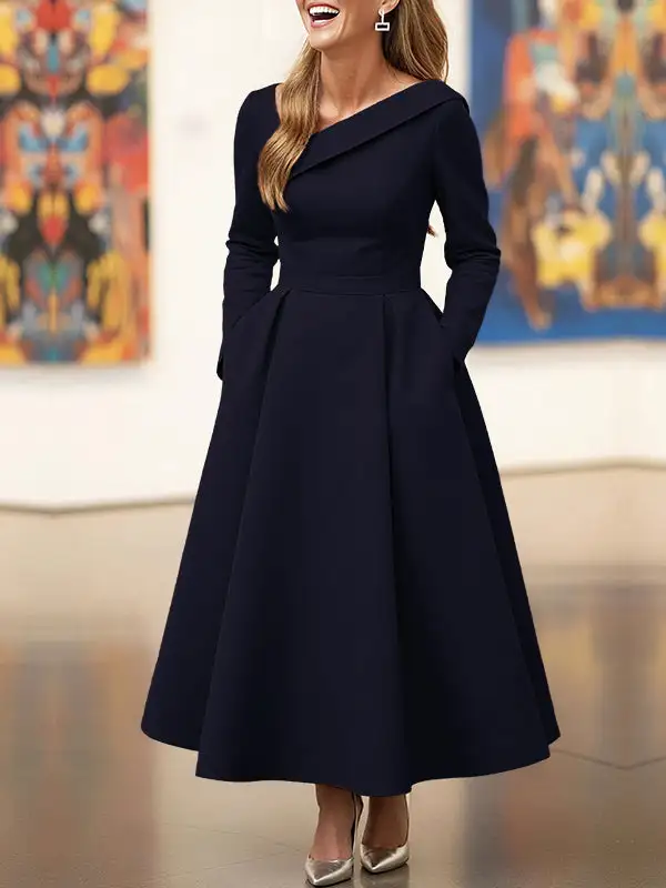High Pockets Pleated Neck Maxi Dress