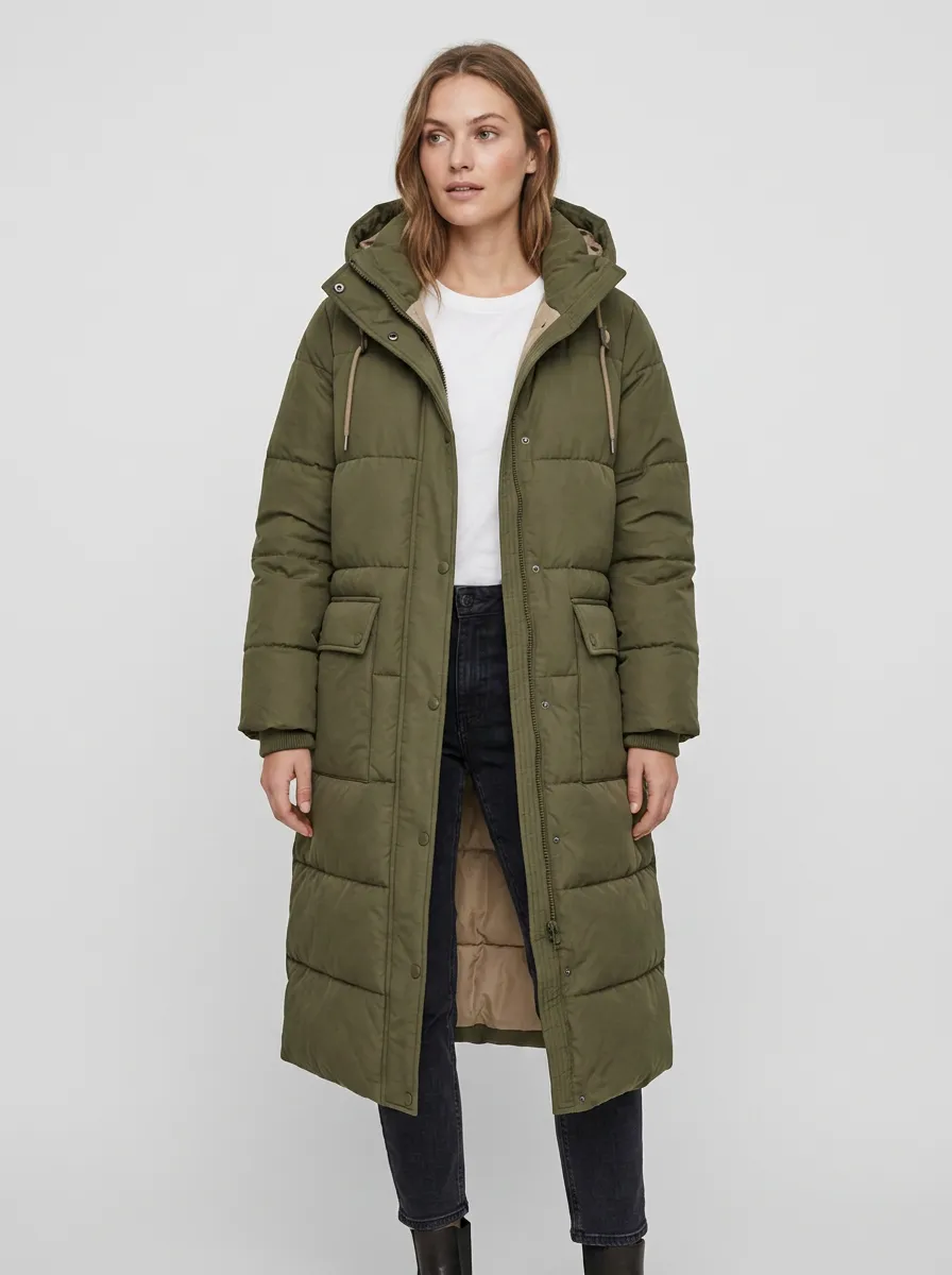 Outdoor-Layer Padded Long Hooded Coat