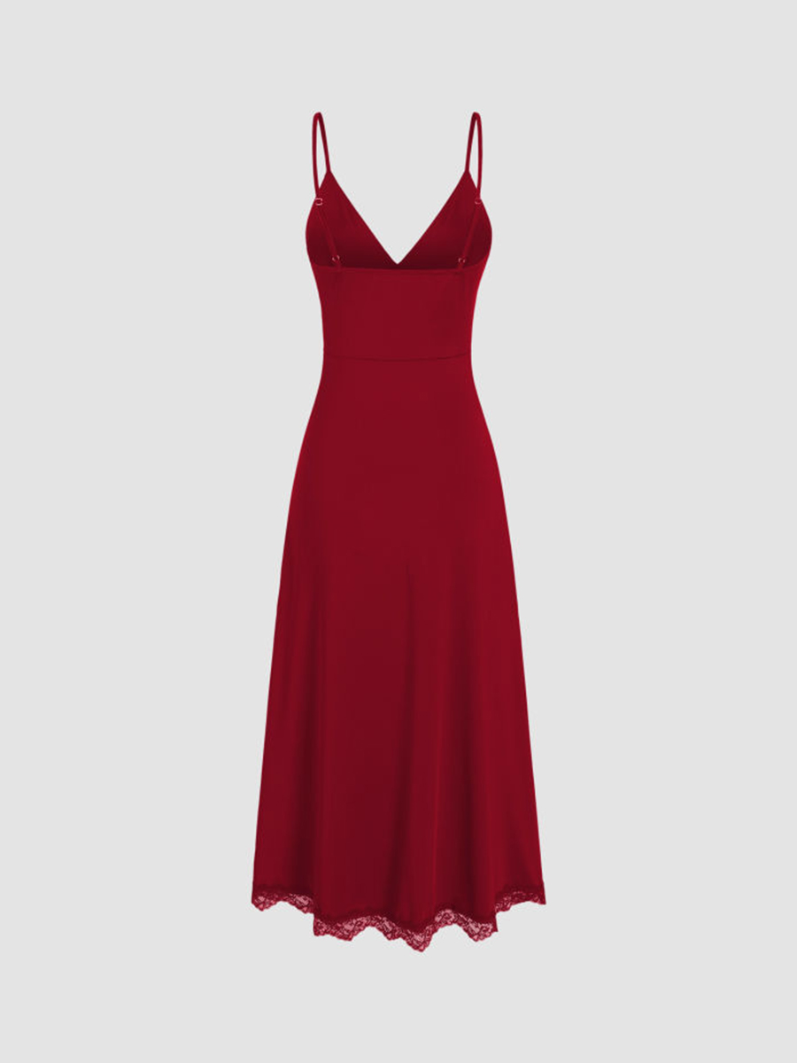 Lace Hem Satin V-Neck Midi Dress