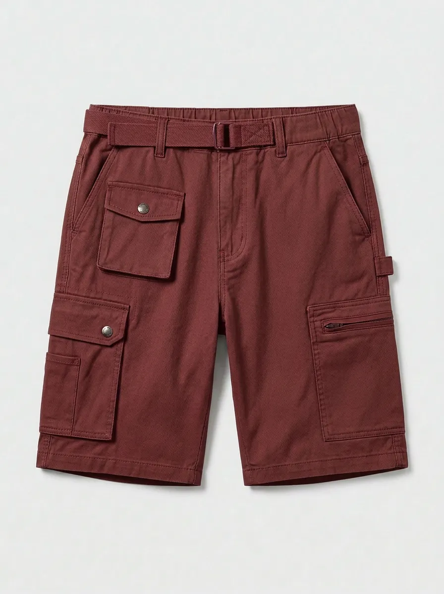 Men's Outdoor Utility Khaki Multi-Pocket Belted Cargo Shorts