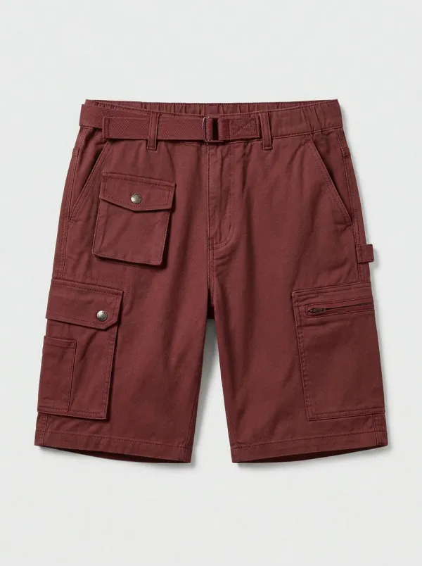 Men's Outdoor Utility Khaki Multi-Pocket Belted Cargo Shorts