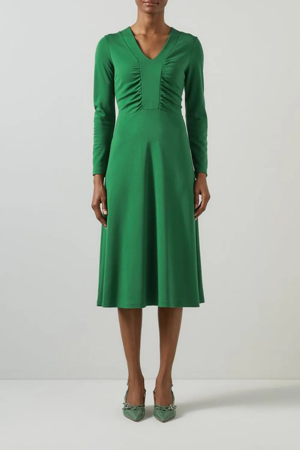 Green Ruched Front Long Sleeve Midi Dress