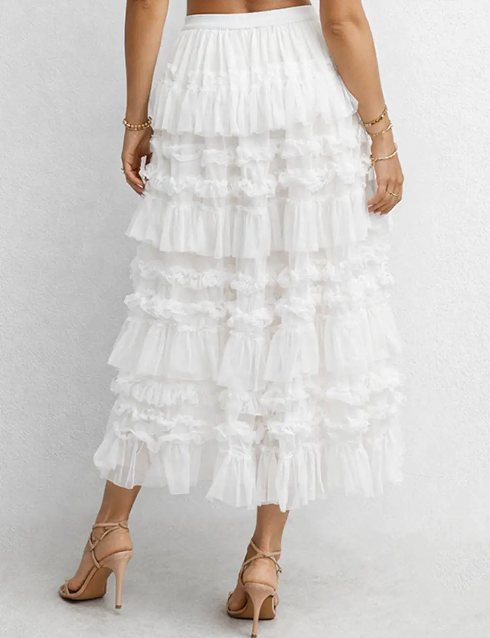 Elastic Waist Mesh Bead Tiered Ruffle Maxi Skirt
