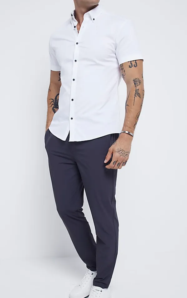 Men's White Slim Fit Textured Stretch Short Sleeve Shirt