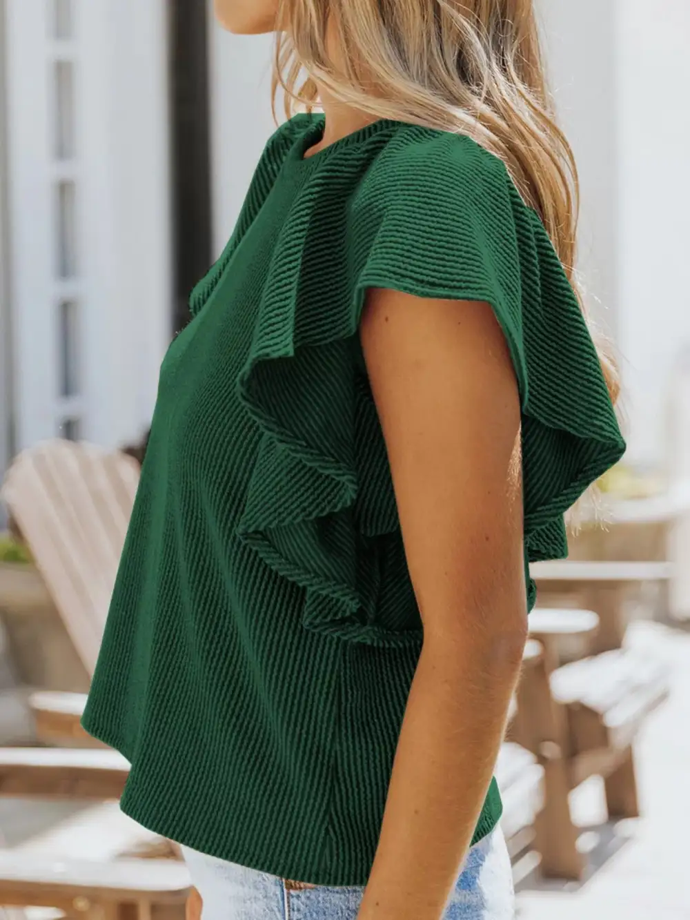 Ruffled Sleeve Ribbed Knit T Shirt Plus