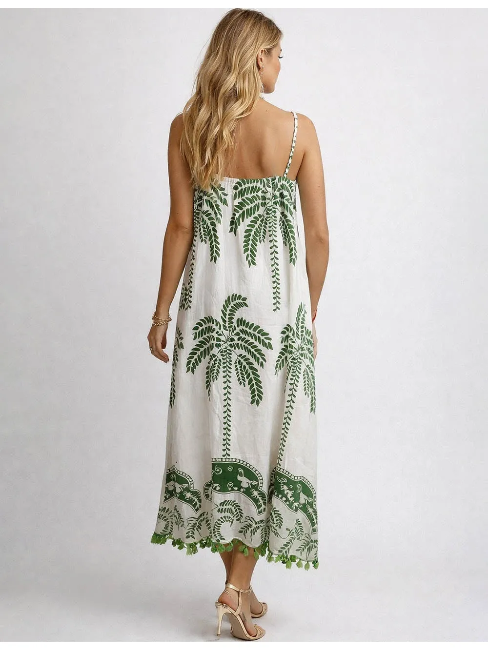 Palm Tree V Neck Spaghetti Strap Midi Dress